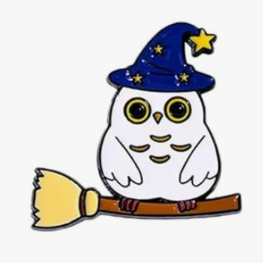 White Owl Enamel Pin with Blue Wizard Hat